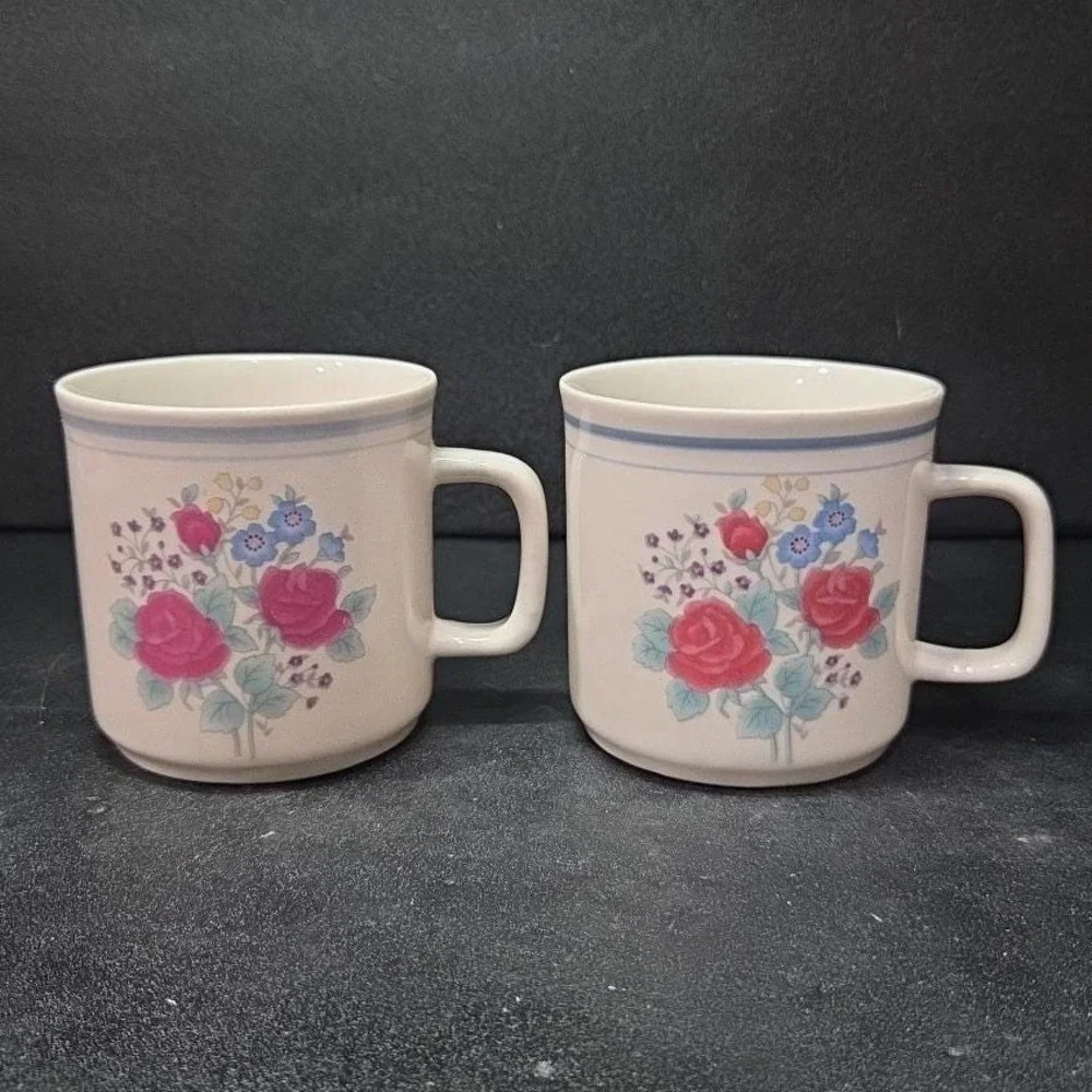 Gibson‎ Style Stoneware Coffee Cups, Purple Blue Rose Design Mugs, Set of 2, Vtg